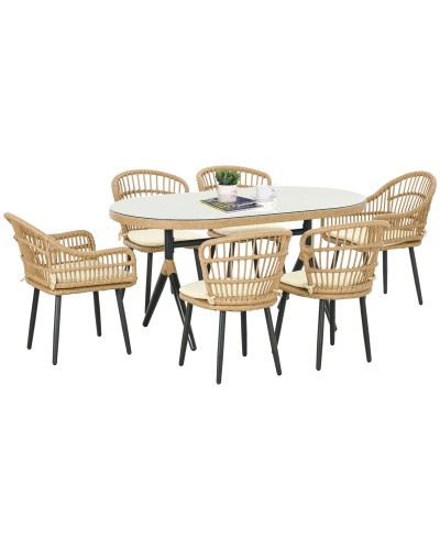  Set da Giardino 7 Pezzi in Rattan PE con Tavolo da Pranzo 153x89x74 cm e 6 Sedie 52x62x78 cm con Cuscini