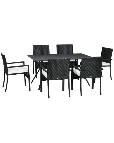 7-Piece PE Rattan Garden Dining Set with 150x90x72 cm Table and 6 58x62x87 cm Chairs with Cushions