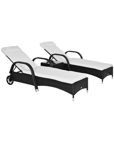 PE Rattan Garden Set with 2 Reclining Sun Loungers and Coffee Table, Black