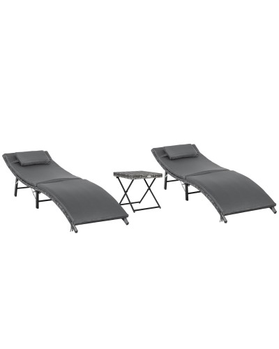 Folding Sun Loungers with Removable Cushions and Foldable Table, 3-Piece Rattan Set, Grey