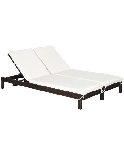  Lettino Prendisole a 2 Posti, Sdraio in Acciaio e Rattan, Schienale Regolabile, 196 x 120 x 28cm Marrone e Bianco Crema