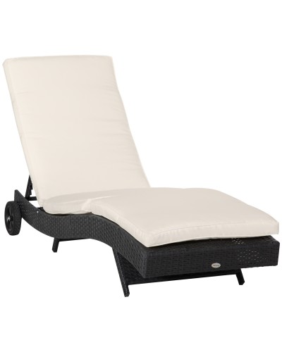 PE Rattan Garden Sun Lounger with Adjustable Backrest and Cushion, 207x70x70cm, Black