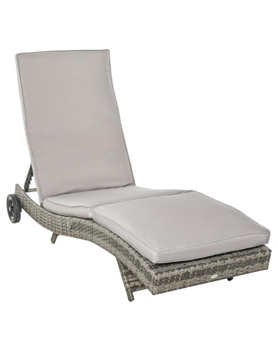  Sdraio da Giardino in Rattan PE con Schienale Regolabile e Cuscino, 207x70x70cm, Grigio