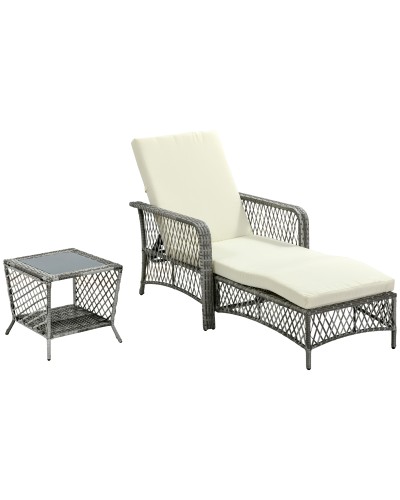 PE Rattan Sun Lounger and Table Set, 5-Position Adjustable Garden Recliner with 2-Tier Table, Cream White