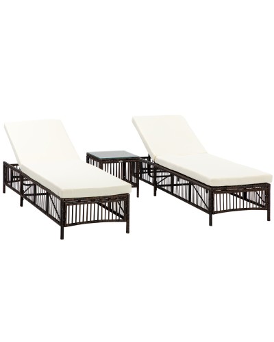 Rattan PE Sun Lounger Set with Cushions and Table, Brown & Beige