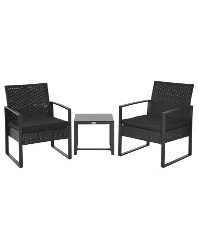Balcony Set, Rattan Table and 2 Outdoor Chairs with Cushions, Black