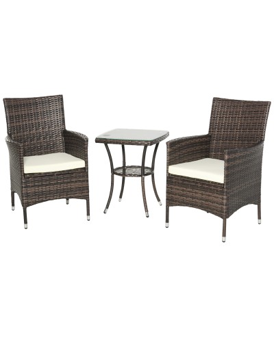 Rattan Garden Furniture Set 3pc Patio Set Table with 2 Chairs Cushions Brown