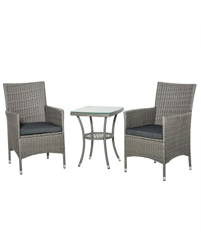  Set Giardino Esterno 3 Pezzi in Rattan PE e Acciaio, Set 2 Sedie con Cuscini Lavabili, Braccioli, Tavolino da Caffè con Piano i