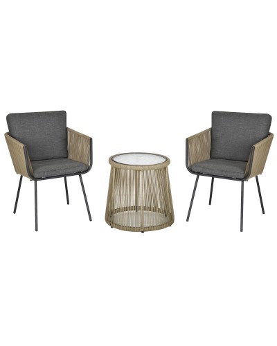  Set 2 Poltroncine con Tavolino da Esterno in Rattan PE Stile Boho, Cachi e Grigio