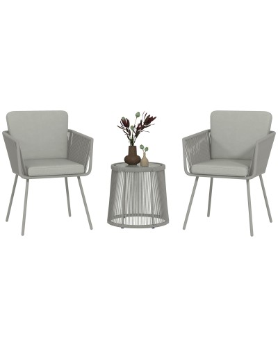 Outdoor Bistro Set with Glass Table and 2 Boho Rattan Garden Chairs, Light Grey