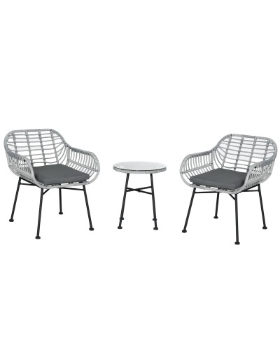  Set Mobili da Giardino in Rattan PE con 2 Sedie e Tavolino con Ripiano in Vetro, Grigio