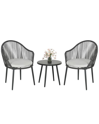  Salotto da Giardino in Rattan con 2 Poltroncine con Cuscini e Tavolino da Caffè in Vetro, Grigio