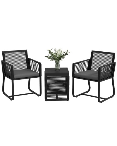 Rattan Garden Furniture Set with 2 Armchairs, Cushions and Glass Coffee Table, Black