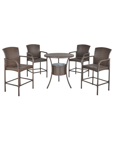 Set 5 Pezzi Tavolino con 4 Sedie da Giardino Alte in Rattan Sintetico con Secchiello per Ghiaccio, Marrone