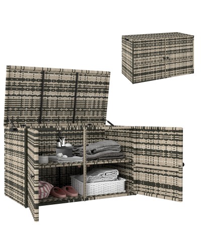350L 2-Tier Outdoor Storage Box with Gas Struts, PE Rattan and Steel, 118x57x69 cm, Grey