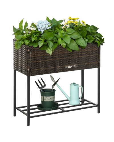 Wicker Effect Raised Garden Bed Planter with Shelf, Indoor Outdoor Brown (70cm x 30cm x 70cm)