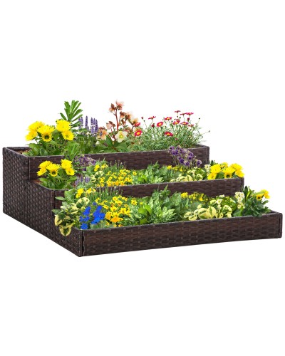  Orto Rialzato a 3 Livelli in Rattan Sintetico senza Fondo per Piante e Verdure, 120x120x40cm, Grigio