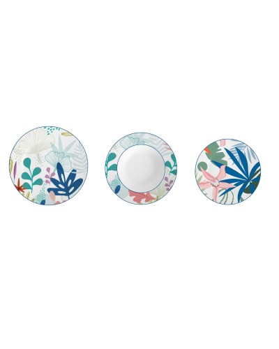 Service de table DKD Home Decor - Porcelaine Verte et Bleue avec Motif Feuille, 18 Pièces
