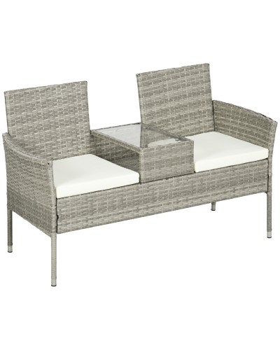 Outdoor 2-Seater Loveseat with Coffee Table, Steel and PE Rattan, 137x59x82 cm, Grey and Cream