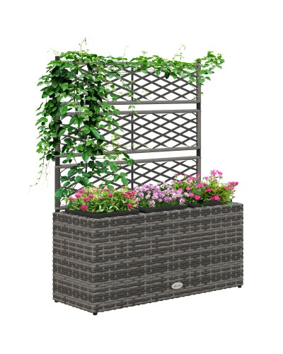 Planter with Trellis for Climbing Plants with 3 Steel and PE Rattan Pots, 84x30x107cm, Grey