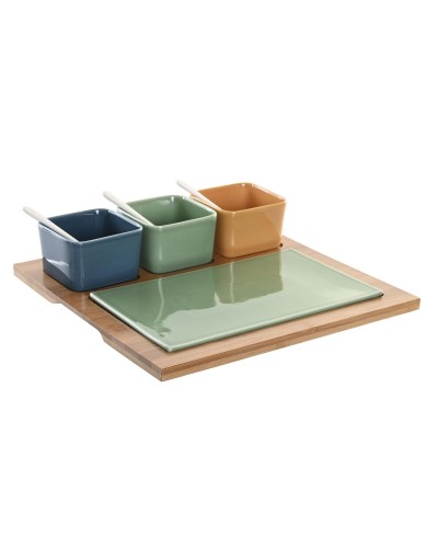 DKD Home Decor Set Aperitivo 8Pz in Porcellana Multicolor e Bambù (30x30x6cm)