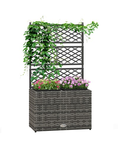  Fioriera con Grigliato per Rampicanti con 2 Vasi in Acciaio e Rattan PE, 57x30x107cm, Grigio