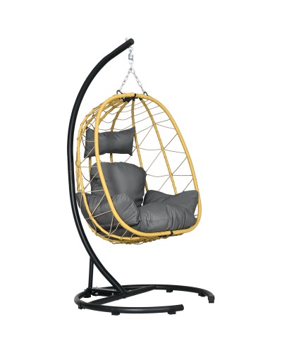 Hanging Foldable Chair with Cushions, Steel & PE Rattan, 102x102x195 cm, Black Gray Beige