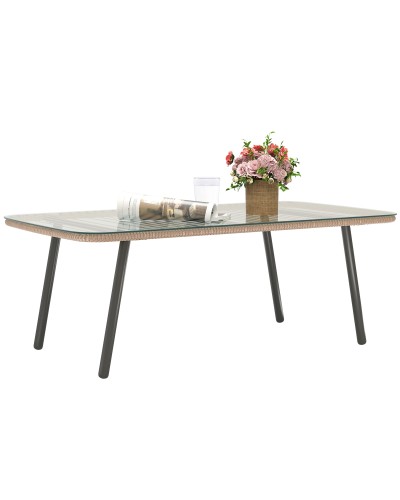  Tavolino da Giardino in Rattan PE con Piano in Vetro e Acciaio, 110x60x40 cm, Legno Naturale