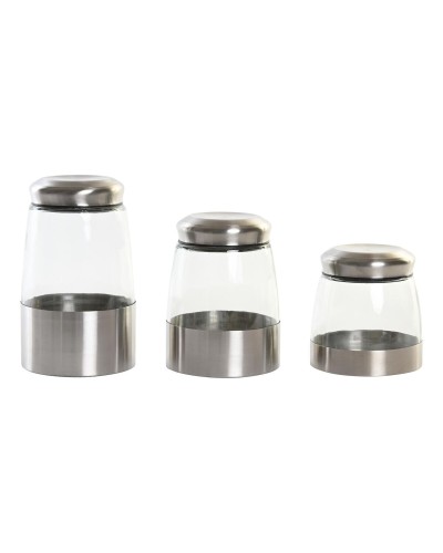 Barattoli DKD Home Decor in Cristallo Argentato Trasparente con Coperchi in Acciaio Inox, Set da 3