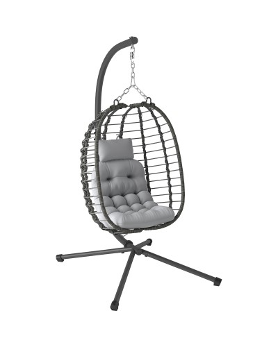 Egg Rattan Hanging Chair with Cushion and Headrest, Adjustable Height and Foldable Seat, Grey