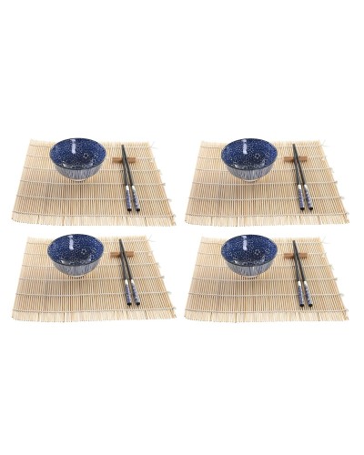 Set de Sushi Oriental DKD Home Decor : 16 Pièces, Grès, Noir et Bleu, 14,5 x 14,5 x 31 cm
