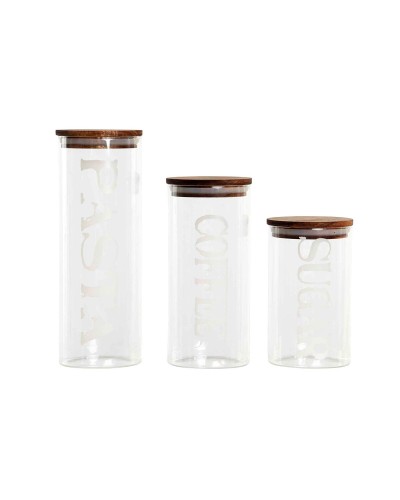 Set van 3 Potjes DKD Home Decor 10,2 x 10,2 x 27,7 cm Natuurlijk Transparant Acacia Letters Borosilicaatglas