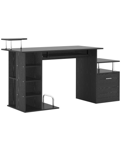 Modern Computer Desk with Drawers, Shelves and Pull-Out Keyboard Tray, Black Wood Home Office Desk 152x60x