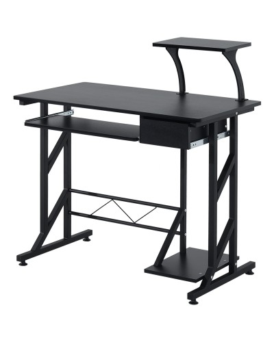 Space-Saving Steel and Wood Computer Desk, Office Desk with Drawer, Pull-Out Keyboard Tray, 90x50x10