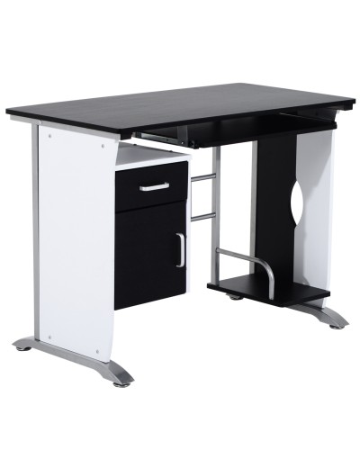 Computer Desk with Shelf, Drawer, and Cabinet, MDF and Iron, 100x52x75 cm, Black and White