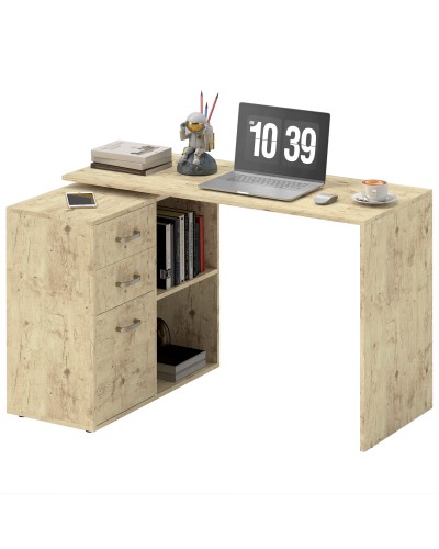 Corner PC Desk with 3 Drawers and Open Shelves, Wood and Metal, 117x83.5x76 cm, Walnut