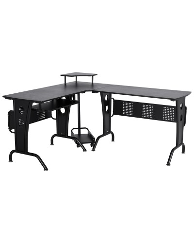 Gaming Desk for Home or Office, Corner Space-Saving Design with Pull-Out Keyboard Tray, 165x145x86.5cm, Black