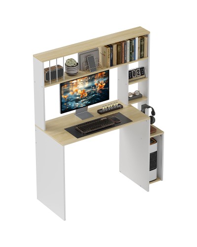Modern PC Desk with Bookshelf, Shelving and CPU Stand, 113x45x138.5 cm, Oak