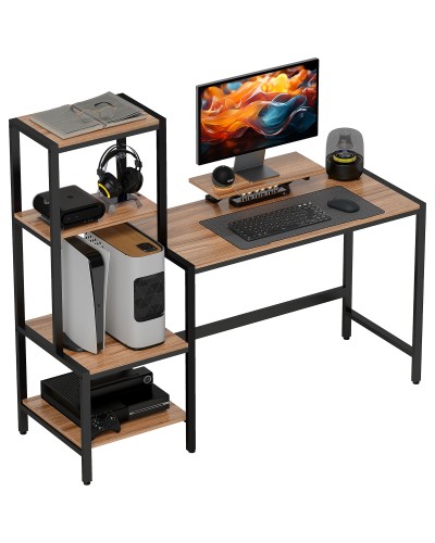 Bedroom Desk with 4-Tier Shelf & Monitor Stand, 150x48x125cm, Brown