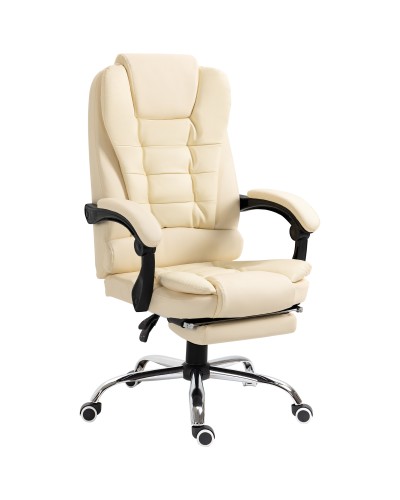 White Faux Leather Presidential Chair with 145° Reclining Backrest and Footrest, 64.5x69x109-117 cm