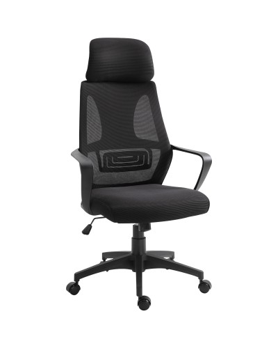  Sedia da Ufficio Reclinabile con Poggiatesta e Supporto Lombare, in Poliestere, 64x55x116-126 cm, Nero