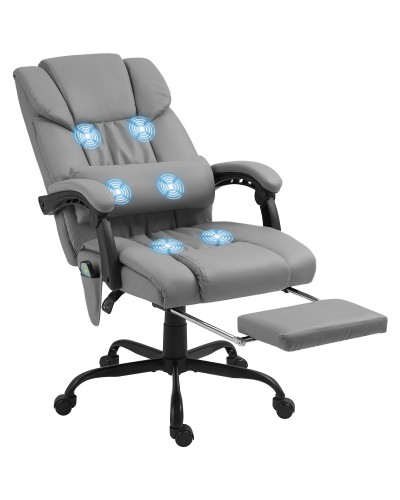  Poltrona Massaggiante e Reclinabile con Poggiapiedi, in Finta Pelle e Acciaio, 66x75x112-122 cm, Grigio