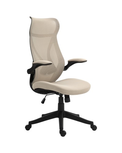 Office Chair with Flip-Up Arms, Adjustable Height and Reclining Back, Beige