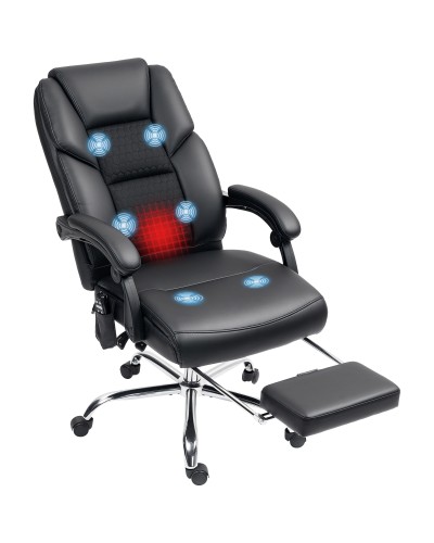  Sedia da Ufficio Massaggiante e Riscaldata con Schienale Reclinabile e Poggiapiedi in Pelle PU, Nero