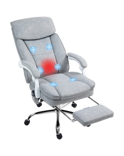 Heated and Massage Office Chair with Reclining Backrest and Extendable Footrest, Grey