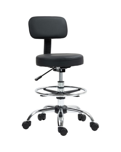 Adjustable Height Swivel Chair with Footrest, Steel, Faux Leather and Foam, 52x52x78-92 cm, Black