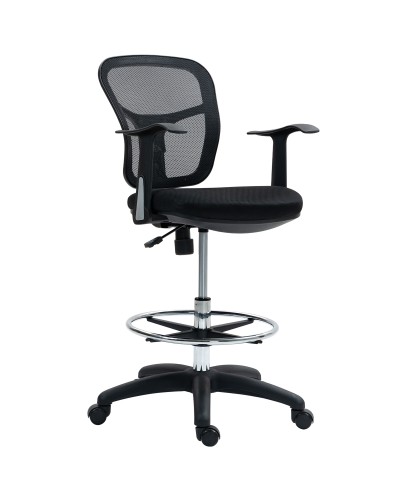  Sedia Girevole con Anello Poggiapiedi e Schienale Ricurvo, in Poliestere, Schiuma e Plastica, 55x58x94 cm, Nero