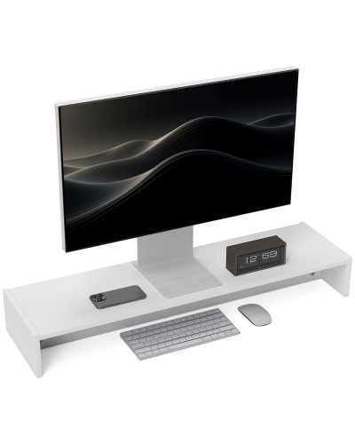  Supporto per Monitor con 2 Vani Contenitore in Legno, 100x27x15 cm, Bianco