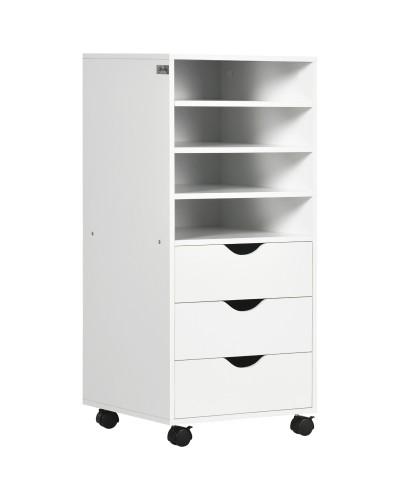 Mobile Office Drawer with 4 Wheels 4 Shelves 3 Drawers, MDF Wood File Cabinet, 38x40x86.8 cm, White