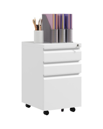  Mobiletto da Ufficio a 3 Cassetti con Barra Regolabile e Vassoio, in Acciaio, 37x43.5x60 cm, Bianco